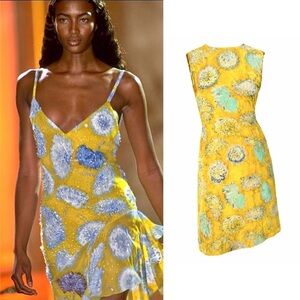 Vintage GIANNI VERSACE S/S 1997 Velvet Dandelion Silk Shift Dress in Yellow